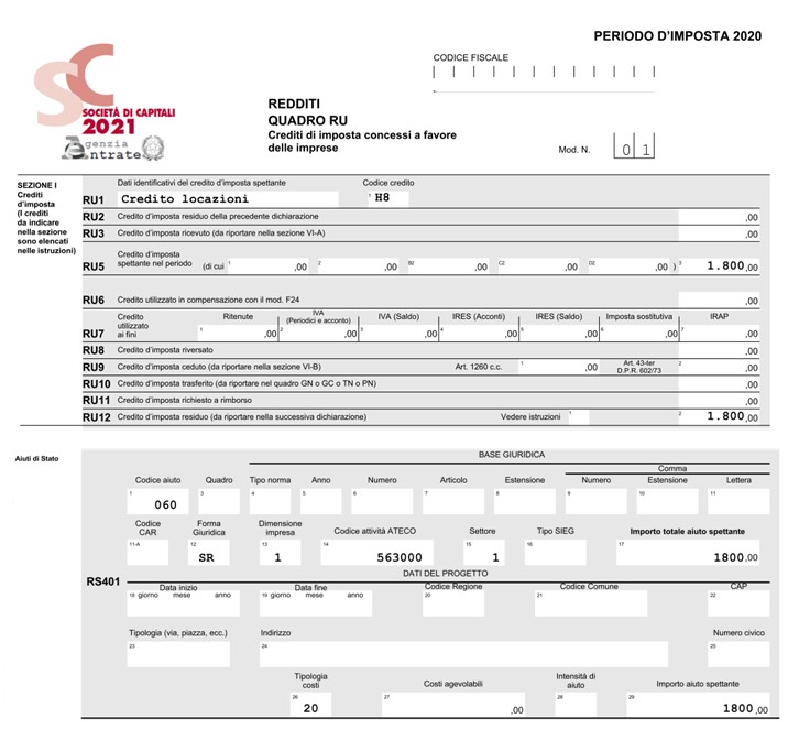 Crediti imposta locazioni indicazione nei quadri RU e RS quando l